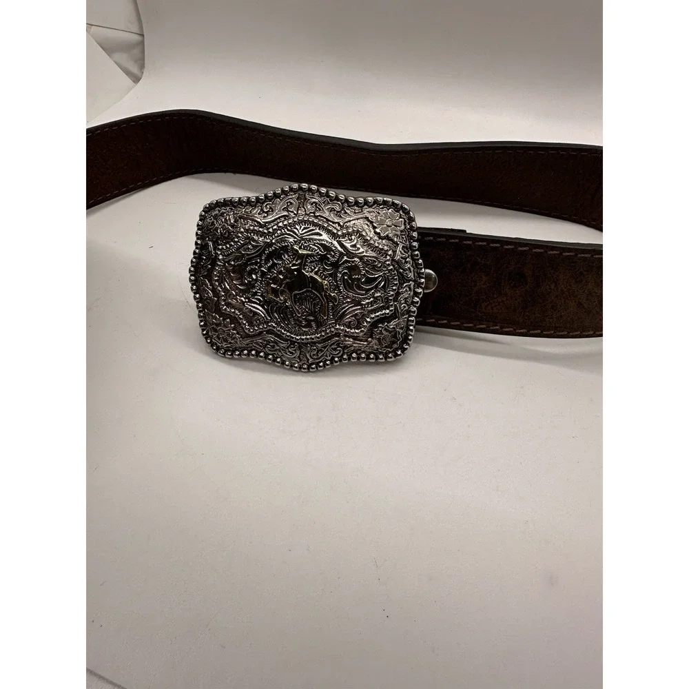 Kids‎ Western Tooled Brown Leather Belt Bull Rider Silver Gold Buckle Cowboy 29